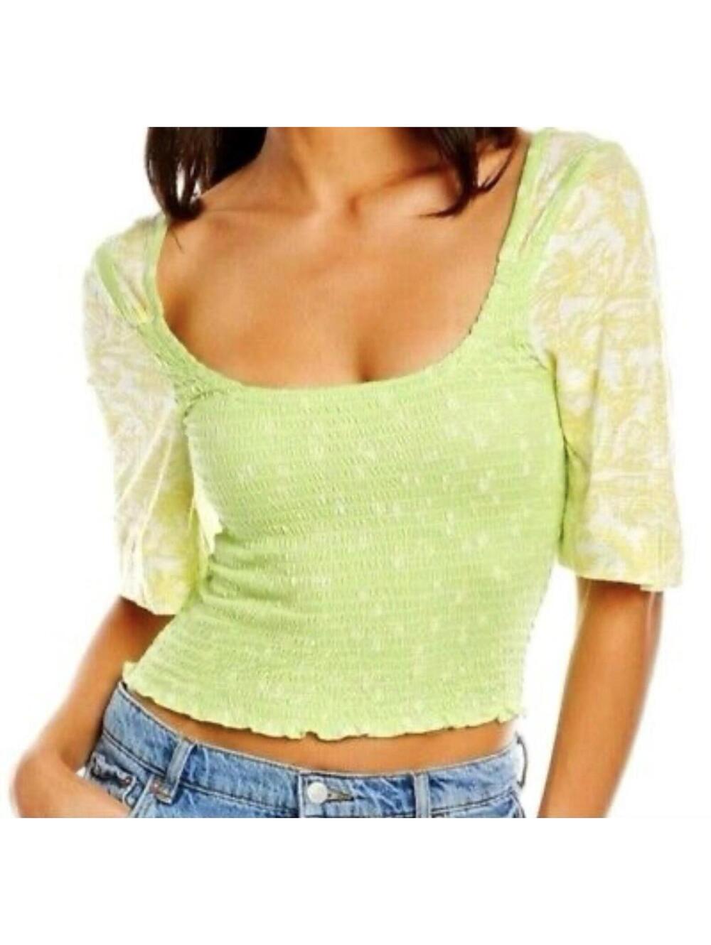 Free People Women's Marigold Smocked Crop Top Key Lime Green Size small